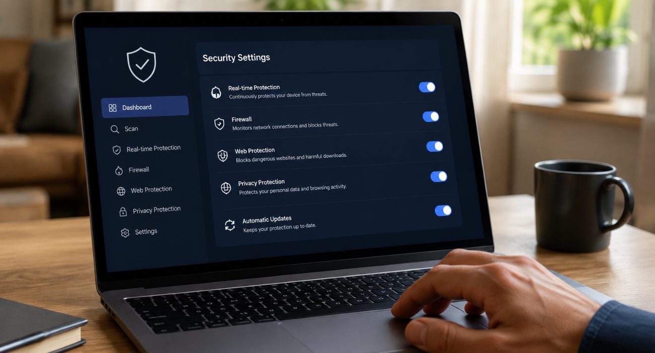 Antivirus security settings with real-time and web protection options enabled