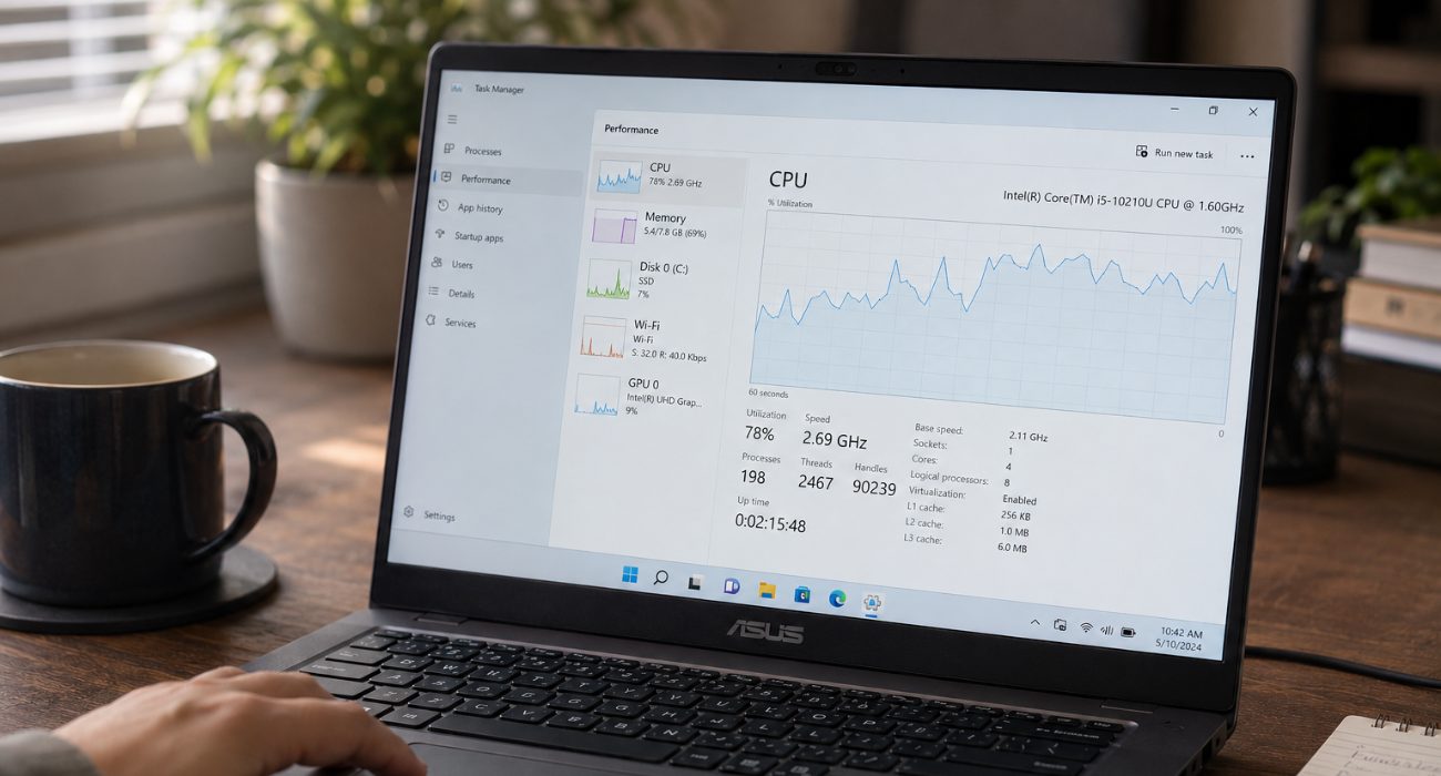 ASUS laptop showing CPU, memory, and disk usage in Windows Task Manager