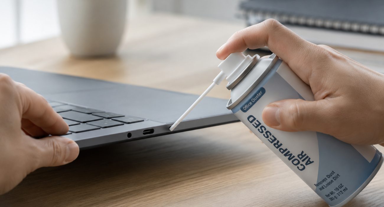 Cleaning a laptop USB port with compressed air to remove dust and debris