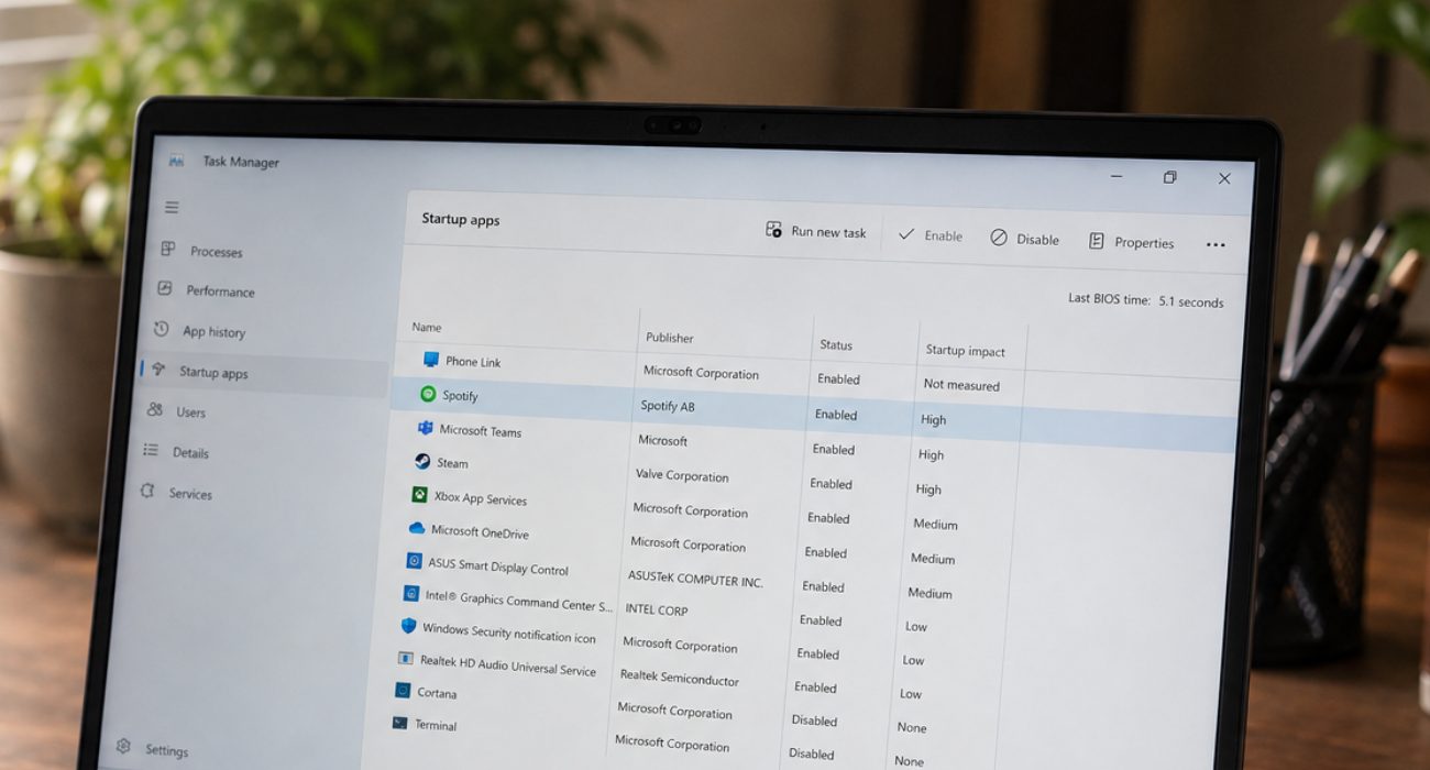 Windows Task Manager showing startup apps on an ASUS laptop