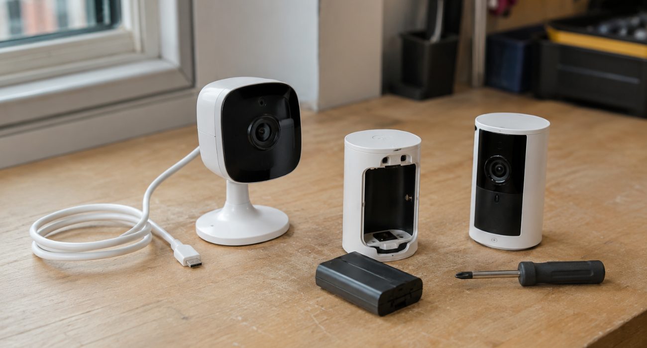 Battery-powered and plug-in Ring cameras showing different ways to power the devices off