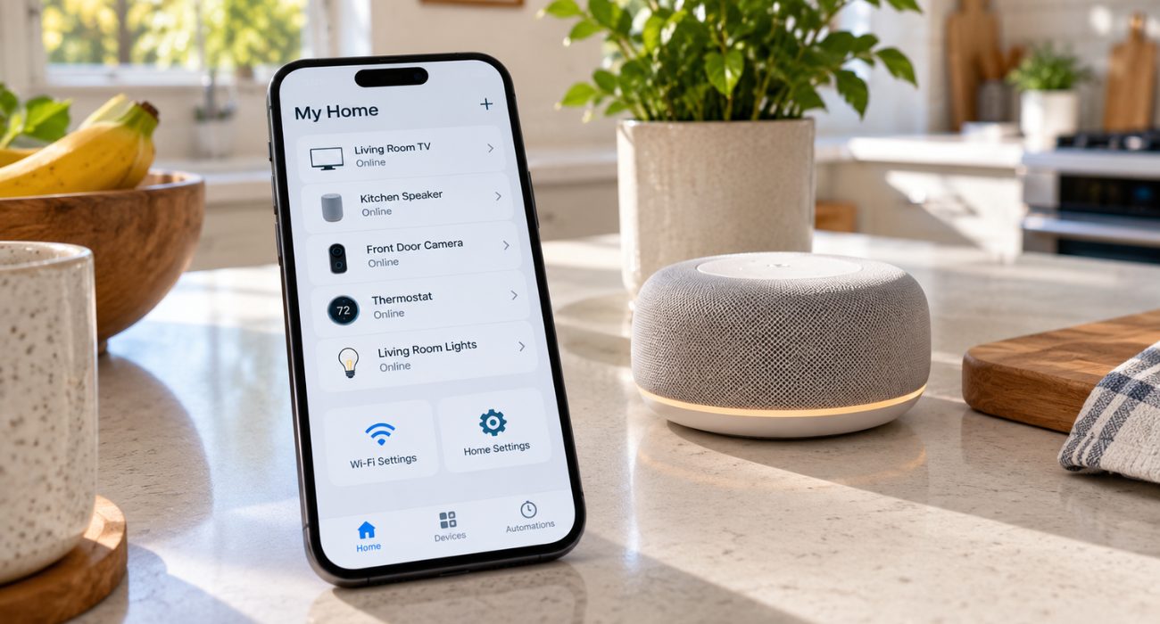 Alexa app Wi-Fi settings on a phone beside an Amazon Echo speaker