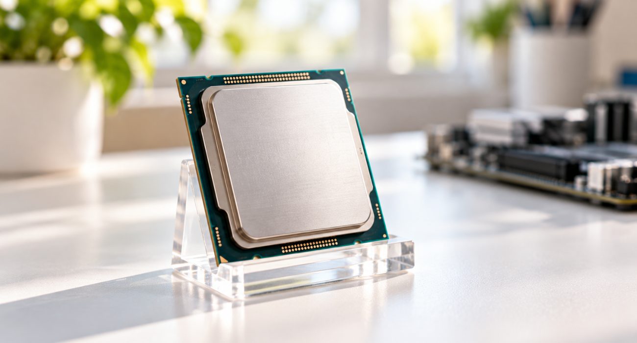 CPU processor chip displayed next to a computer motherboard