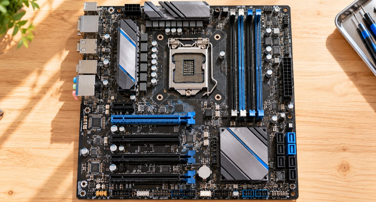 Computer motherboard showing the CPU socket, RAM slots, PCIe slots, and other components