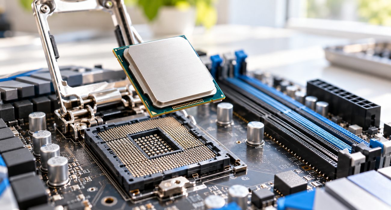 CPU being aligned with an open motherboard socket during processor installation