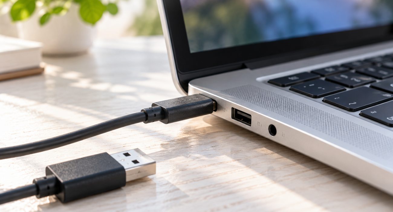 USB cable connected to a laptop while troubleshooting an external hard drive connection