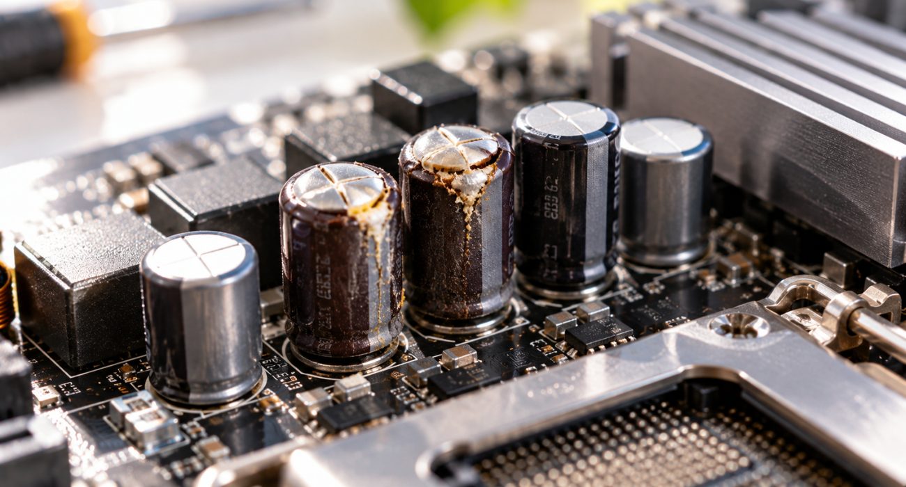 Bulging and leaking capacitors showing signs of a failing motherboard