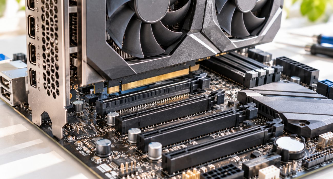 Graphics card partially installed in PCIe expansion slots on a computer motherboard