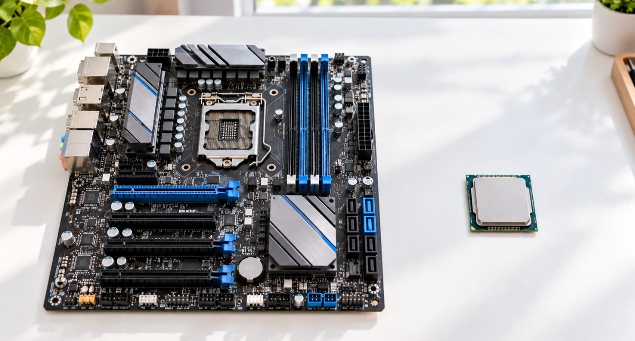 Full-size motherboard and separate processor showing the difference between the two components