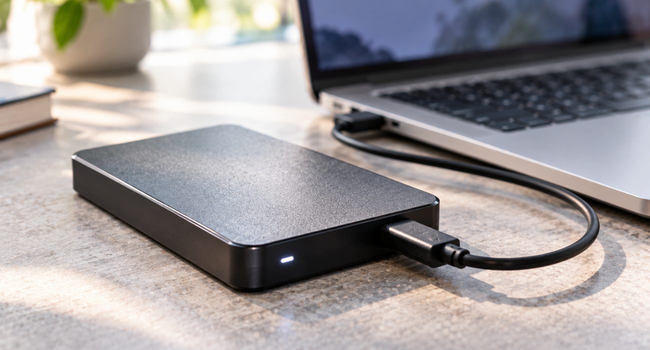 External hard drive connected to a laptop for quick format or full format