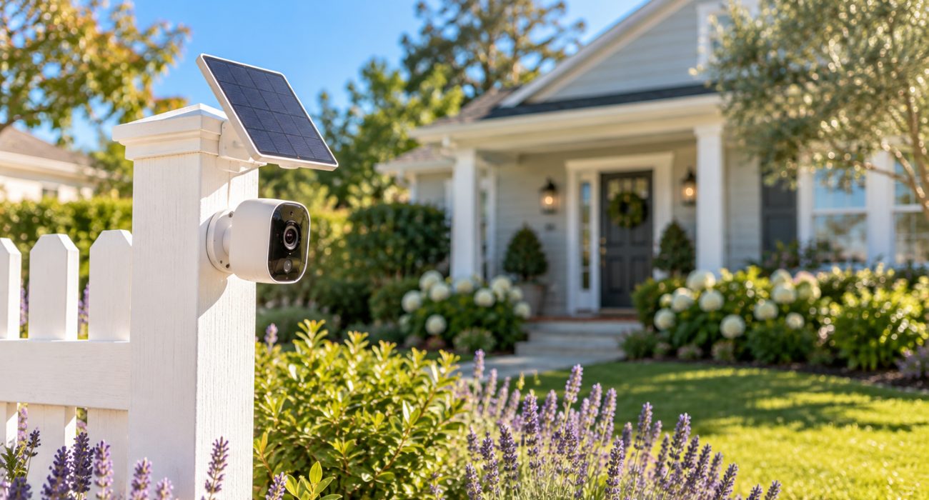 Solar-powered security camera with local storage for an outdoor property
