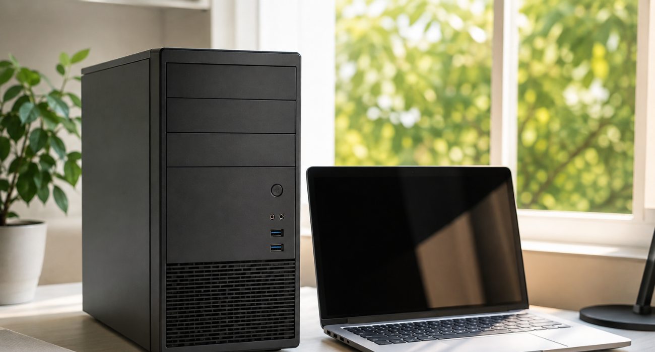 Are refurbished computers good? Refurbished desktop and laptop set up in a home office