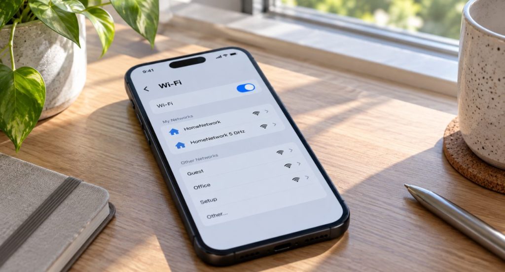 Phone showing available WiFi networks to check the wireless frequency band