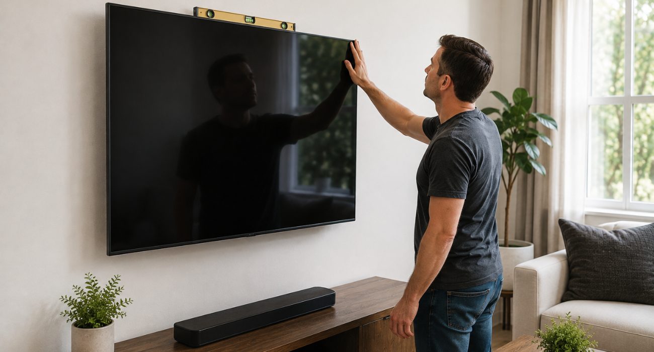 Person checking that a newly wall-mounted TV is level and secure