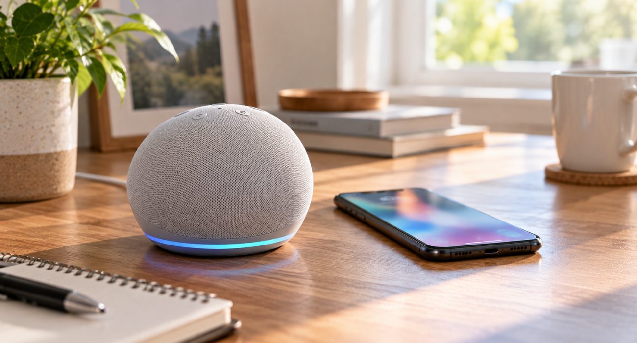 Amazon Echo Dot beside a smartphone while removing the Alexa device from an Amazon account