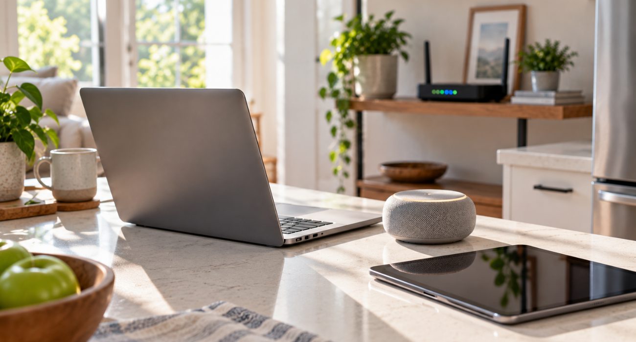 Laptop and smart home devices connected to a dual-band WiFi router