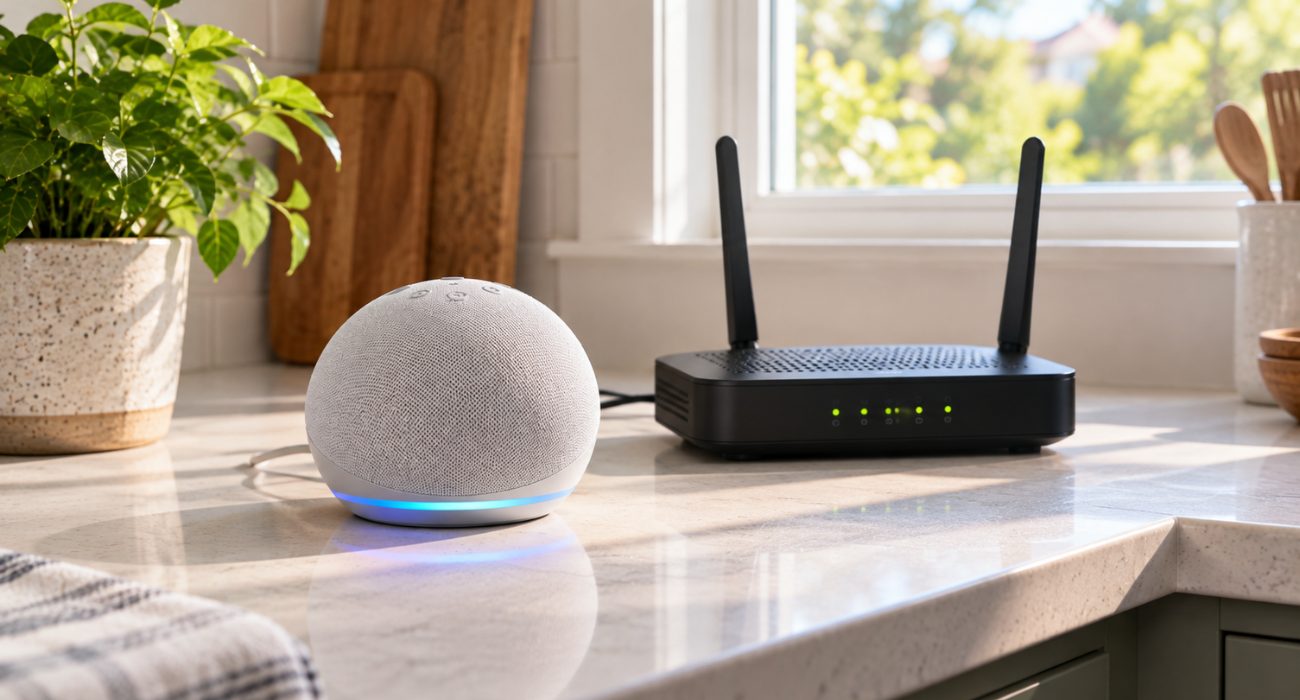 Amazon Echo Dot next to a Wi-Fi router while reconnecting after a reset