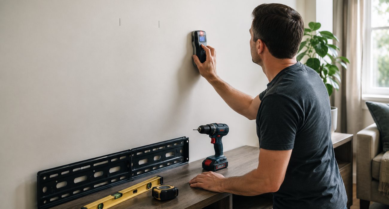 Person using a stud finder on a drywall wall before installing a TV wall mount
