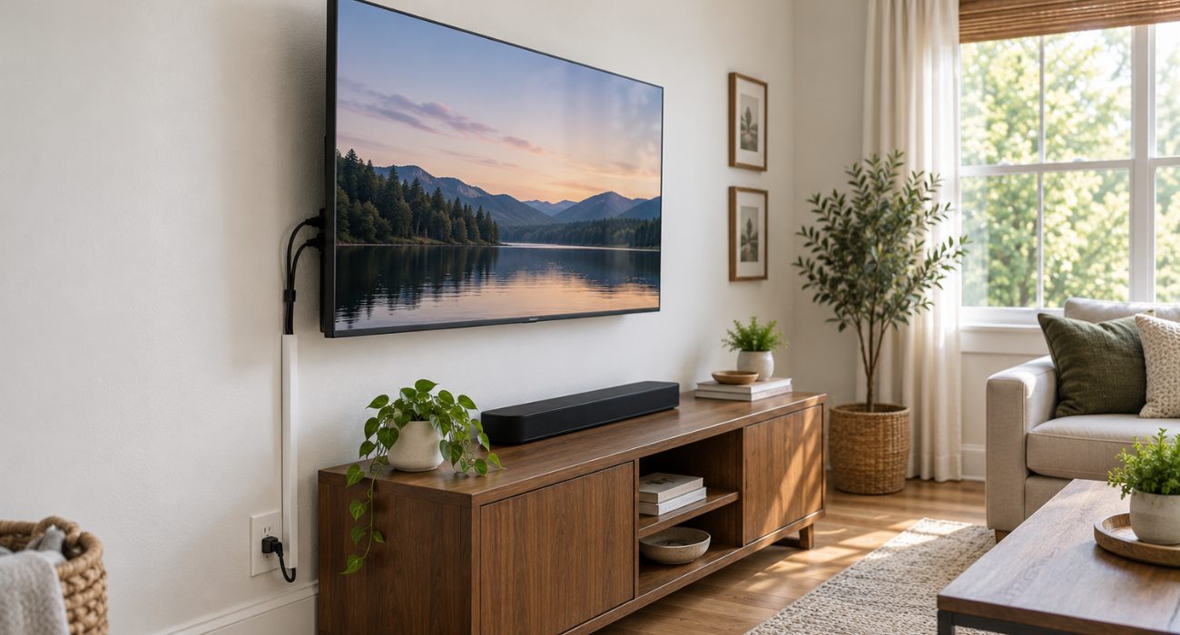 HDMI and power cables organized behind a wall-mounted TV using a cable raceway