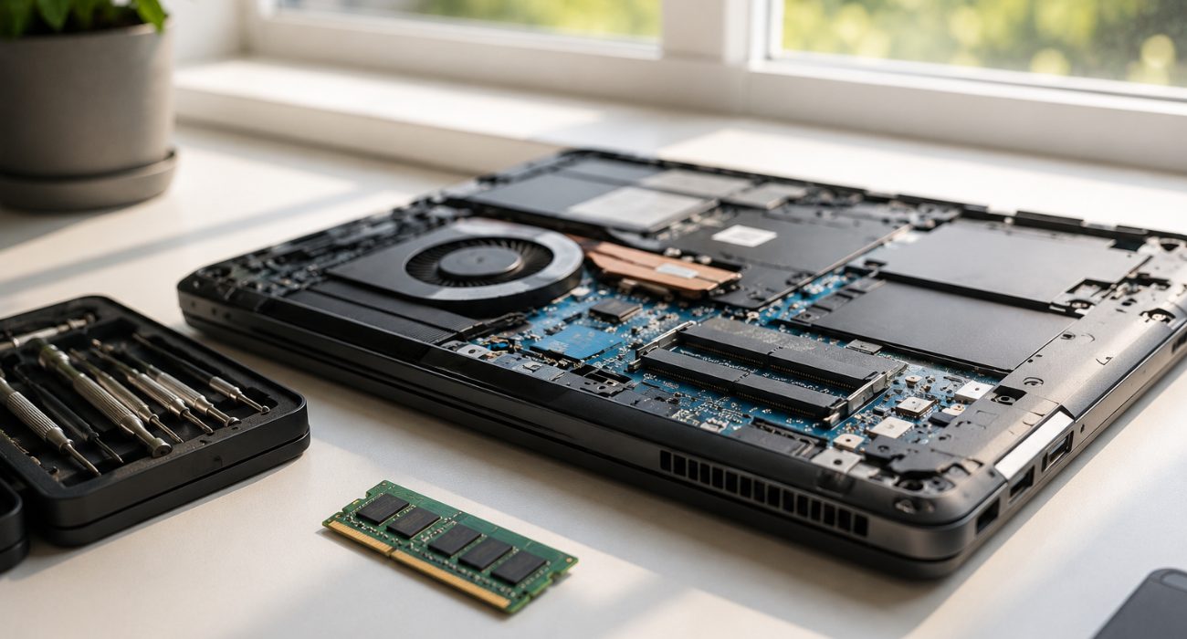 Technician workbench with an open refurbished laptop, replacement RAM, and repair tools