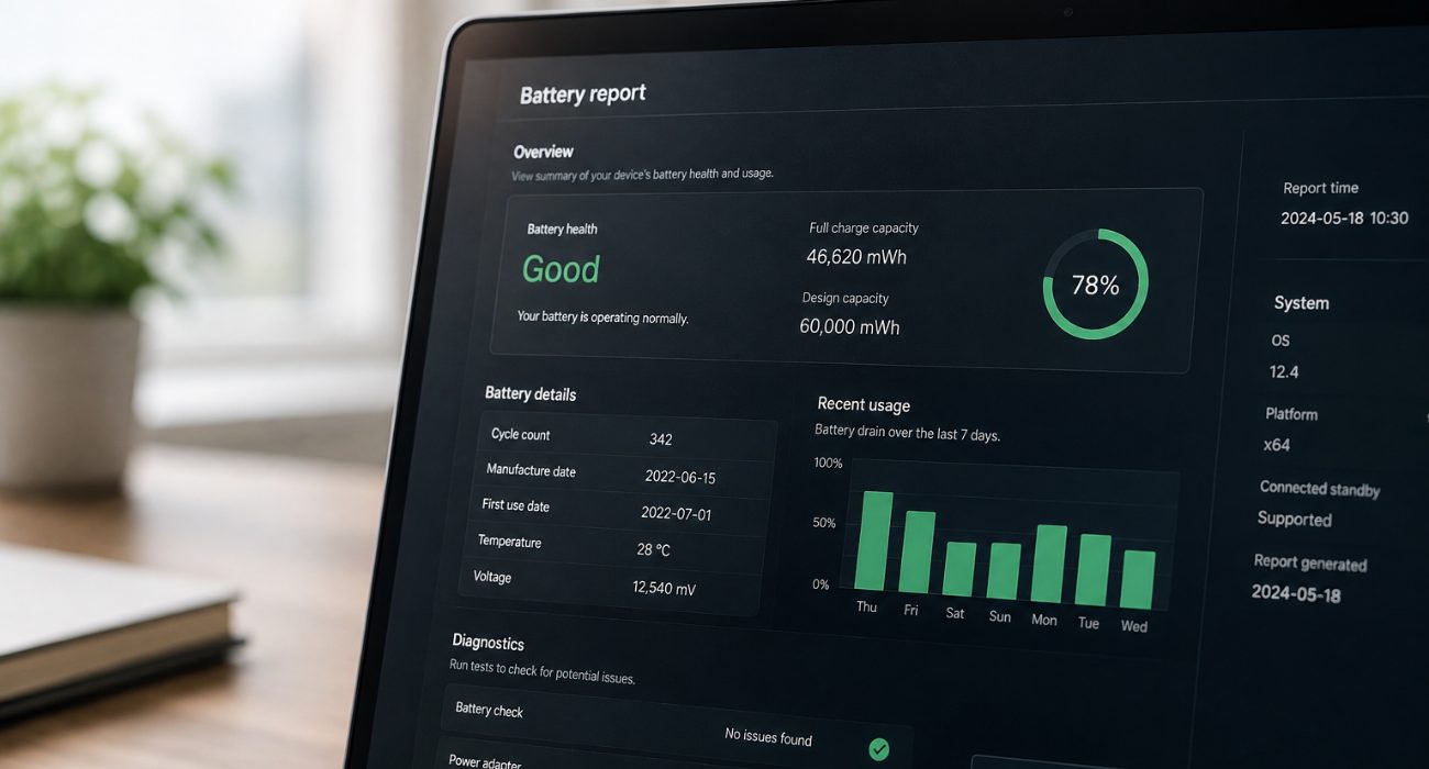 Battery health report on a refurbished laptop showing remaining battery capacity and diagnostics