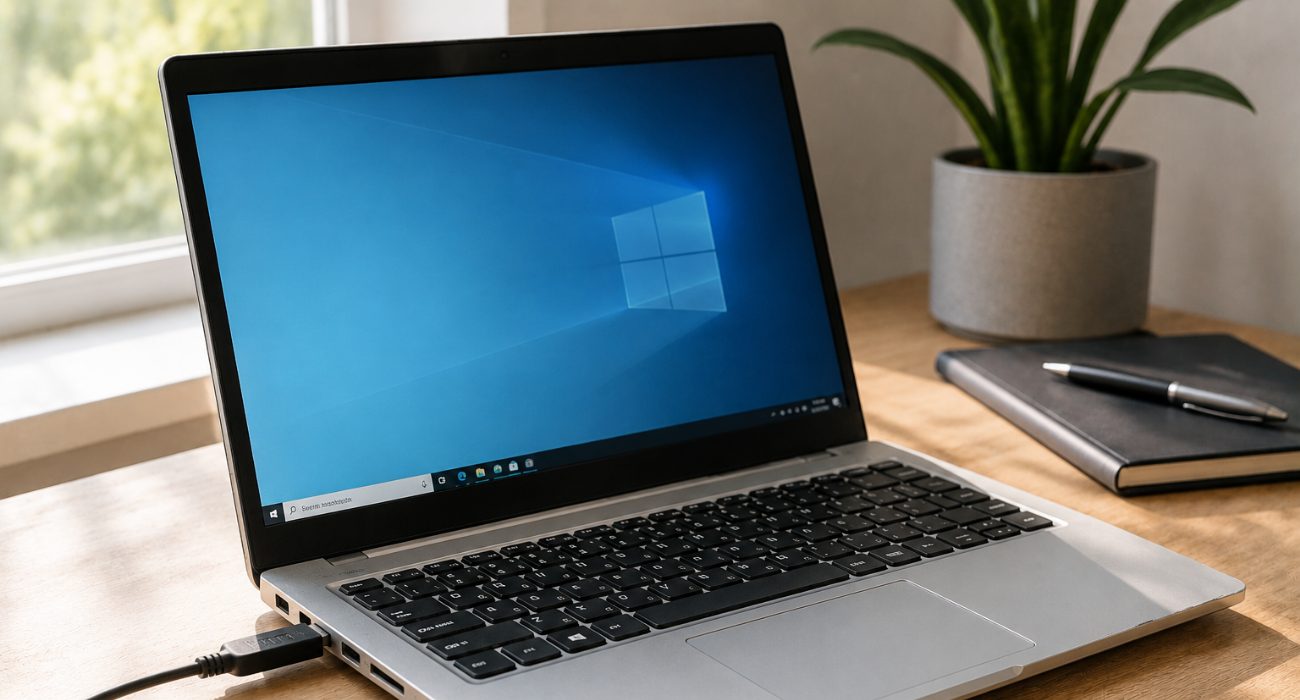 Refurbished laptop being tested after purchase with a cable connected to check its ports and setup