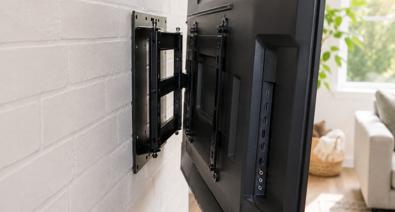 TV wall mount bracket attached behind a flat-screen TV