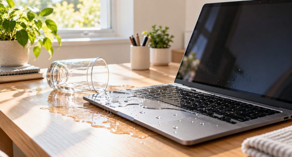 Water damaged laptop after a liquid spill on a desk